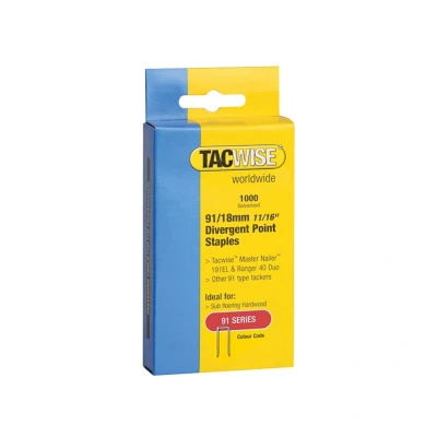 Image of Tacwise 91 Narrow Crown Divergent Point Staples 18mm Electric Tackers (Pack 1000) TAC0287