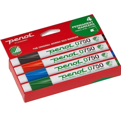 Image of PENOL Permanent Marker Pens, 4 Pens in Multicolor 0750, 2 5mm Chisel Tip Coloured with Nordic Swan Ecolabel, Quick Dry and Fade Resistant Ink Based on Alcohol Markers for Artwork