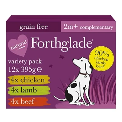 Image of Forthglade Complementary Wet Dog Food Variety Pack (12 x 395g Trays) Just Chicken, Lamb &amp; Beef, 90% Meat, Grain Free Stomach Sensitive with Natural Ingredients, Hypoallergenic