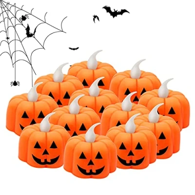 Image of JYPS 12PCS Pumpkin Tealights Candles Halloween Flameless Battery Operated LED Tea Lights 3D Orange Lanterns for Decorations, Indoor and Outdoor Party Favors, Warm White Flickering