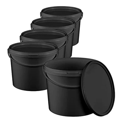 Image of BenBow Bucket with lid 1 L Black 5x Litres food safe, sturdy, airtight, leak proof plastic storage container, metal handle empty