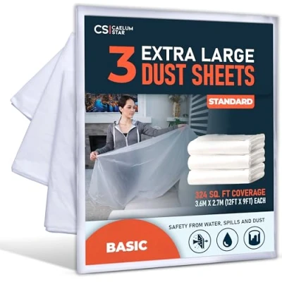 Image of CS 3 Pack Extra Large Plastic Dust Sheets for Decorating 3.6 x 2.7m (12 9ft), Standard Sheet Painting &amp; Furniture, Sheeting Tools