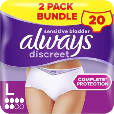 Image of Always Discreet Incontinence Pants Women Large, L, UK 16 22, White, Absorbency 6, 20 Disposable Underwear / Knickers (10 x 2 Packs), Adult Diapers For