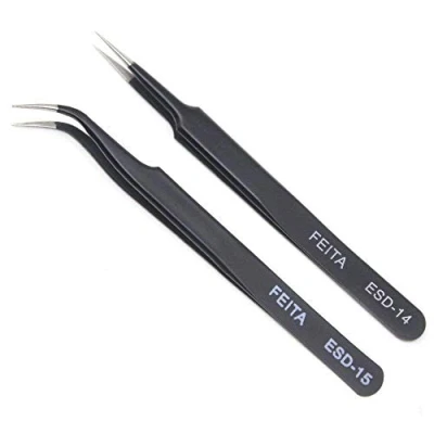 Image of Eyelash Extension Tweezer Set FEITA Professional Straight &amp; Curved Pointed Very Fine Tip Precision Tweezers for Lash Extensions Black 2Pcs