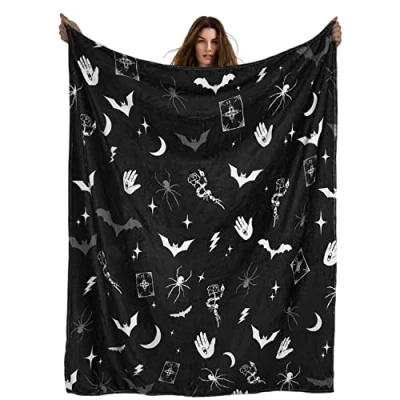Image of Mufunne Black Goth Blanket Throw, Gothic Moon Stars Witch Plush Blanket, and White Cozy Soft Bat Flannel Blanket,Witchy Gifts, Spooky Halloween Decor Gifts Stuff, 50x60 inch