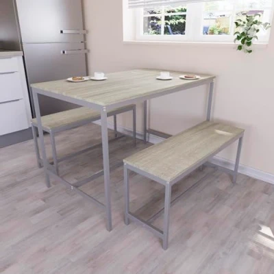 Image of Vida Designs Roslyn 4 Seater Dining Table With 2 Benches, 3 Piece Set, Room Furniture Solid Metal Frame (Oak)