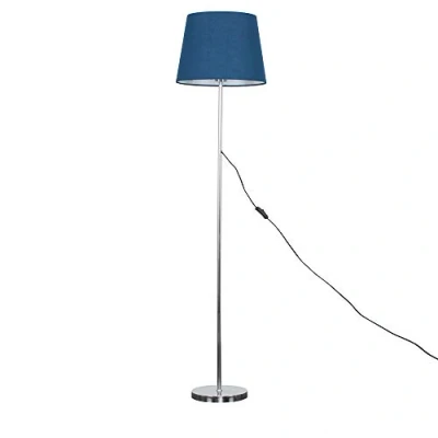 Image of Modern Standard Floor Lamp in a Polished Chrome Metal Finish with Navy Blue Tapered Shade
