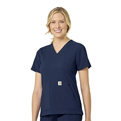 Image of Carhartt Women&#039;s Modern Fit 4 Pocket V Neck Scrub Top Medical Shirt, Navy, S