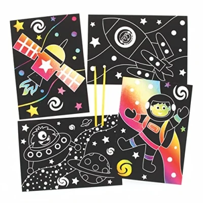 Image of Baker Ross FE663 Solar System Scratch Art Pictures Pack of 8, Rainbow Art, Childrens Activity Packs, Creative Activities for Kids