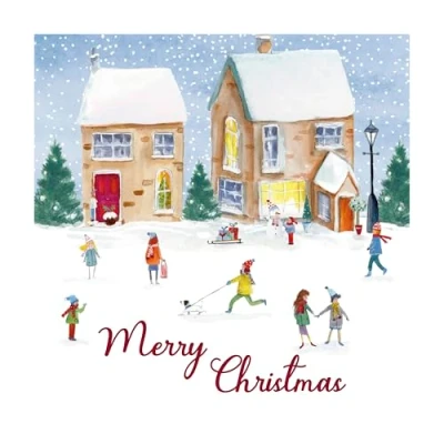 Image of Eurowrap Assorted Christmas Cards Xmas Snow Village, 2 Designs Merry and Wishes Eco Pack of 12