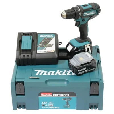 Image of Makita DDF482RFJ Cordless Drill 18 V / 3.0 Ah, 2 Batteries + Charger in MAKPAC Black, Blue