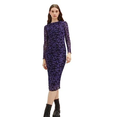Image of TOM TAILOR Denim Women&#039;s Mesh Dress with Pattern and Ruffles, 32417 Lilac Black Flower Print, XL