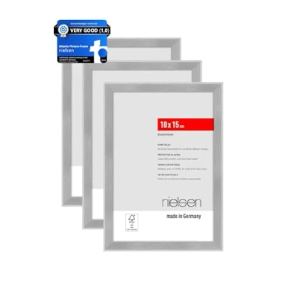 Image of nielsen Atlanta Photo Frame 4x6, Set of 3, 10x15cm Aluminium Picture Frame, Silver with Protective Acrylic Glazing and Push Turn Clips Brushed Frosted