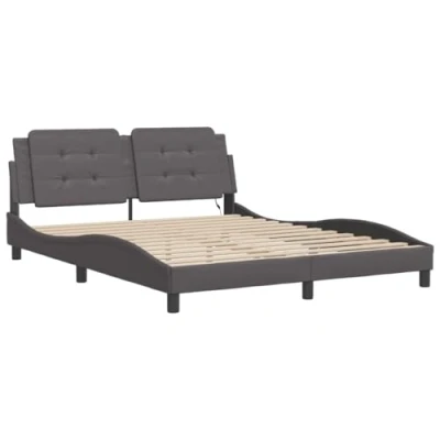 Image of vidaXL Grey Faux Leather Double Bed Frame with LED Lights 160x200 cm Plywood Slats Elegant Waved Design for Bedroom Decor