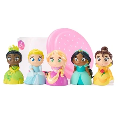 Image of Disney Store Official Princesses Bath Toy Set, 5 Pc, Includes Belle, Cinderella, Jasmine, Rapunzel and Tiana, Bucket with Straining Lid, or Paddling Pool Toys, 6 months+