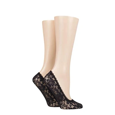 Image of Elle Ladies Lace No Show Socks Pack of 2 Black 4 8