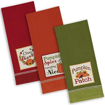 Image of DII Decorative Embellished Dish Towel Set, Cotton, Country Pumpkin, 18x28