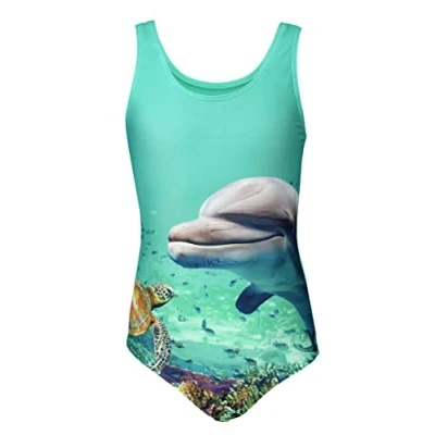 Image of Aquarti Girls&#039; One Piece Swimsuit with Open Back Print, Dolphins Moon Pink/Blue, 116