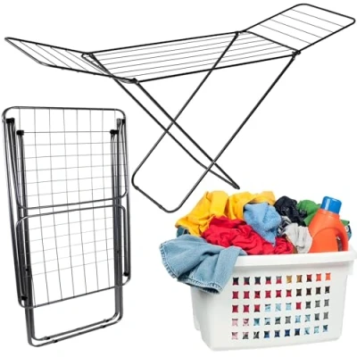 Image of STORM TRADING GROUP Black Clothes Airer Metal Foldable Drying Rack Multiple Dryer Rails With Winged Stand Laundry For Indoor &amp; Outdoor Use