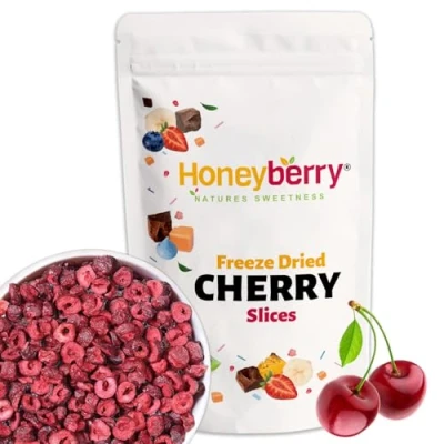 Image of Freeze Dried Sour Cherry Slices 100g Dehydrated from Frozen Dry Cherries 100% Natural, No Added Sugar, Preservatives or Additives Fruit Perfect for Baking, Cake Decoration, Desserts