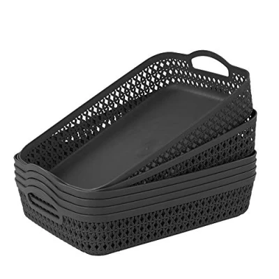 Image of Zerdyne Set of 6 Large Plastic Storage Basket Tray, Gray Shallow Kitchen Tray with Handle