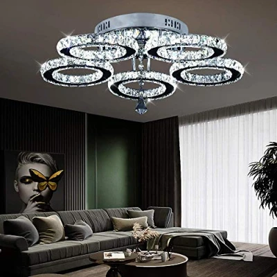 Image of Modern Crystal Chandelier, Led Ceiling Light Flush Mount Stainless Steel Pendant Lights Fixtures for Dining Room Living (5 Rings Cool White)