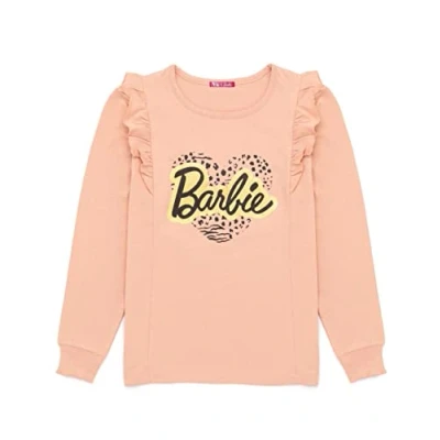 Image of Barbie T Shirt for Girls Kids Doll Logo Leopard Print Heart Design Pink Frilled Long Sleeves Top 5 6 Years