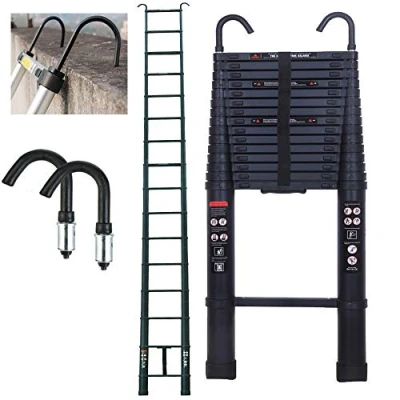 Image of 6.2M Telescopic Ladder Come wiht Roof Hook Kit Aluminium Black Portable Multi Purpose Folding Extension Ladders EN 131 for Outdoor &amp; Indoor Builder DIY Projector Easy Carry 150kg/330lbs Max. Load