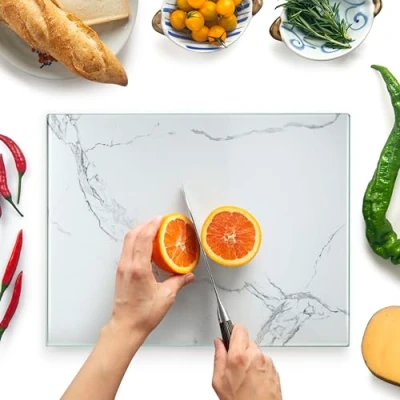 Image of Glass Chopping Board 40x30cm : Worktop Saver for Kitchens Durable, Hygienic Savers Scratch Resistant, Heat Proof, Easy Clean White Marble Design