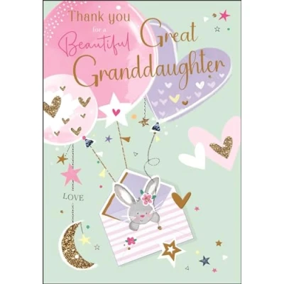 Image of New Baby Great Granddaughter Thank You Card Beautiful Bunny Rabbit and Balloons Special Finishes Illustrated Insert Leaf Made in the UK