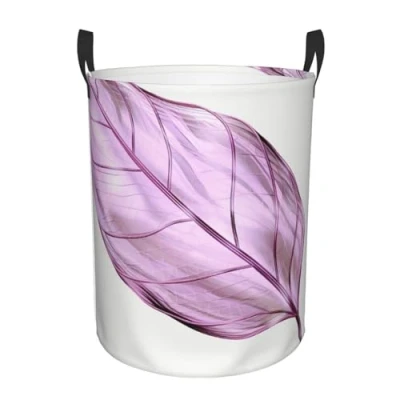 Image of Lilac Leaves Print Laundry Basket Circular Hamper Waterproof Dirty Clothes Organizer Storage with Handles for Toys Blankets Living Room Bedroom Playroom