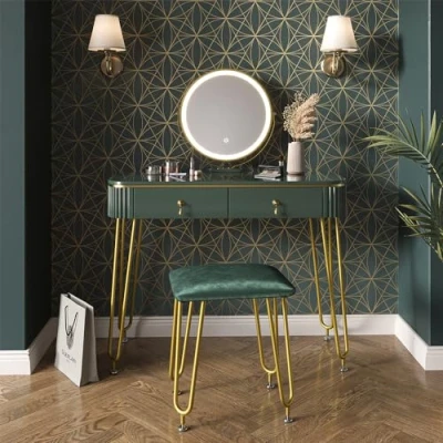 Image of Vicco Vanity table Grace, Dark green high gloss, 100 cm with LED lighting and stool