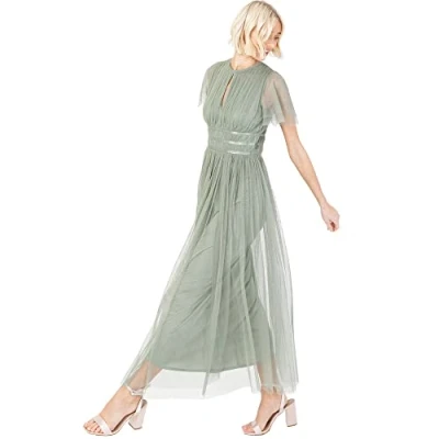 Image of Anaya with Love Ladies Midaxi Dress for Women High Waist Keyhole Short Flutter Sleeve Crew Neckline Wedding Guest Bridesmaids Prom Frosty Green Size 28