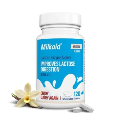 Image of Milkaid Vanilla Lactase Enzyme Chewable Tablets for Lactose Intolerance Relief Prevents Gas, Bloating &amp; Diarrhoea Fast Acting Dairy Digestive Supplement Gluten Free Vegan 120