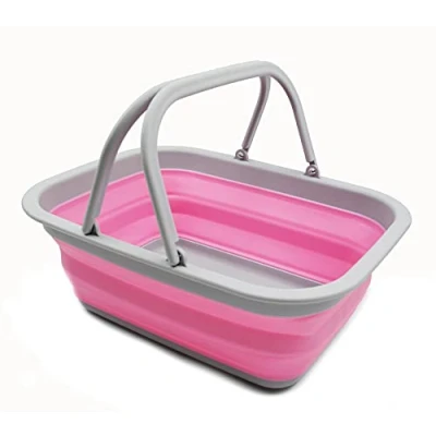 Image of SAMMART 9.2L Collapsible Tub with Handle Portable Outdoor Picnic Basket/Crater Foldable Shopping Bag Space Saving Storage Container (Grey/Pink, 1)