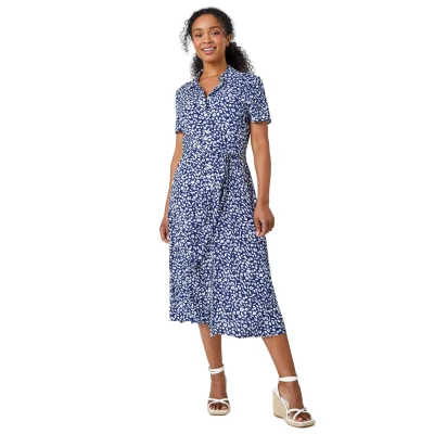 Image of Roman Originals Women Tropical Leaf Print Shirt Dress Ladies Spring Everyday Summer Holiday Collar Neck Soft Short Sleeve Button Down Gown Cruise Belt Vacation Petite Navy White Size 18