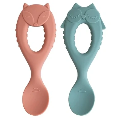 Image of Tidy Tot ®™ Baby Weaning Spoons 2 Pack. Led Spoon for Self Feeding Babies and Toddler Spoons. Soft Tip Silicone Easy Grip Handle.