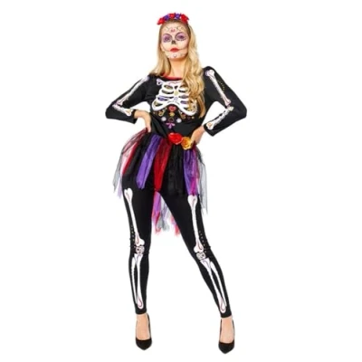 Image of Amscan 9914951 Women&#039;s Day of the Dead Skeleton Adults Halloween Fancy Dress Costume Size: 8 10