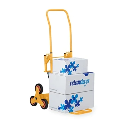 Image of Relaxdays Stair Climbing Hand Truck, Folding Cart, up to 50/150 kg, Solid Rubber Tyres, Height Adjustable, Yellow, 124 x 54 77 cm