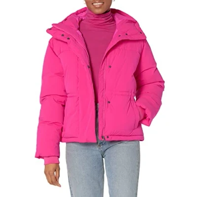 Image of Amazon Essentials Women&#039;s Short Waisted Hooded Puffer Jacket (Available in Plus Size), Neon Pink, L
