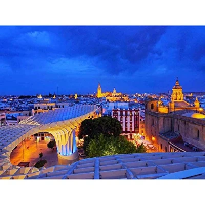 Image of Wee Blue Coo Photo Cityscape Seville Spain Cathedral Night View Lights Art Print Poster Wall Decor 12X16 Inch
