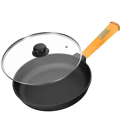 Image of 4BIG.fun Diameter 24 cm Cast Iron Pan with Glass Lid 47 mm High Wooden Handle Removable Frying Suitable for Gas Grill, Oven, Fire Pit Induction and All Hob Types