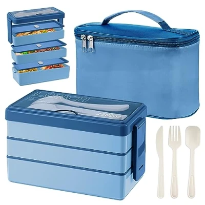 Image of Yirochan 1500ml Bento Box with Bag 3 Layer Lunch Cutlery Set, 4 in 1 Meal Prep Container Insulated for Students Adults Office Microwave Dishwasher Safe (Blue)