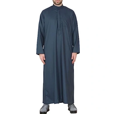 Image of Mens Thobe Jubba Nehru Stand Collar Islamic Clothing Muslim Kaftan Eid Robe Saudi Slim Regular Fit Navy XXL 60