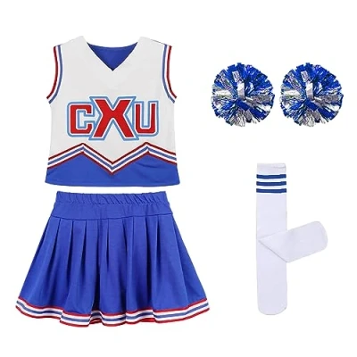 Image of LOLANTA Girls Red &amp; Blue Cheerleader Costume attach Pom Poms Socks, Kids Cheer Outfit Carnival Fancy Dress, Blue, 5 6 Years, 120