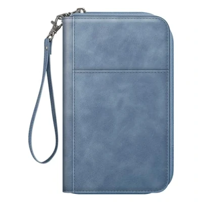 Image of FINTIE Passport Holder Travel Wallet for Family, RFID Blocking Document Organizer Clutch Bag Passports, Business Cards, Credit Boarding Passes, Blue