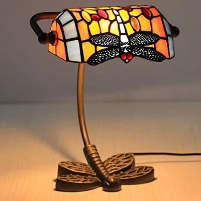 Image of Uziqueif Stained Glass Bankers Desk Lamp, E27 Classic Retro LED Tiffany Lamps for Office und Home, Nightstand