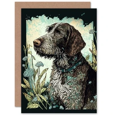 Image of Artery8 German Wirehaired Pointer Dog and Blue Wildflowers Modern Portrait Illustration Art Birthday Sealed Greeting Card Plus Envelope Blank inside