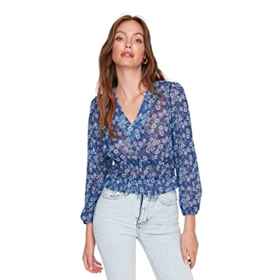Image of Trendyol Women&#039;s Woman Basic Regular Standard V Neck Woven Blouse Shirt, Blue, 34