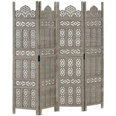 Image of vidaXL Hand Carved 4 Panel Room Divider in Grey 160x165 cm Solid Mango Wood Classic Style Wooden Privacy Screen Versatile and Easy to Assemble